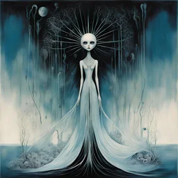 Divorced from reality unholy roller, Max Bill and Kay Nielsen and Stephen Gammell deliver a dark surreal masterpiece, icy hues, dark_cyan and dark_violet color scheme, sinister, creepy, sharp focus, dark shines, asymmetric, abstract embellishment