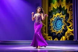 modern stage with gray-dark yellow blueish violet theme artistic decoration , color full dynamic lighting, a beautiful lady in maxi dress with shining silver jewels ,curvy long hair,dancing, 3D recursive fractal structure animating background