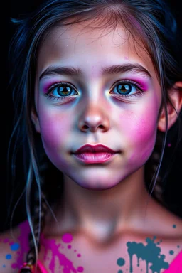 A beautiful young girl portrait vibrant colors, different teint of blue, pink, purple,black , 8k resolution, paint splashed 3D effect, fuller picture, black background