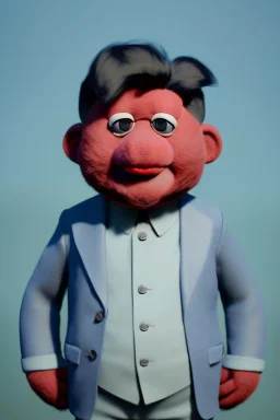 Waist up muppet Portrait, Kim Jong-un as muppet doll, black suit, photo studio, blue background, unreal engine 5, concept art, art station, god lights, ray tracing, RTX, lumen lighting, ultra detail, volumetric lighting, 3d.