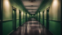 (Masterpiece) hotel corridor, horror atmosphere, dark place, green color theme, old hotel style, without peoples