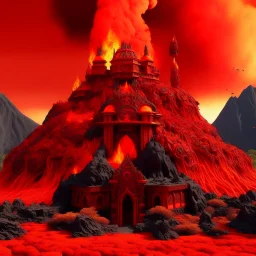 A red fiery castle near a volcano designed in African masks