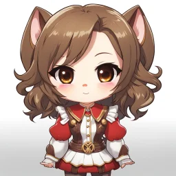 a close-up headshot of a chibi woman with long brown hair, red eyes, brown ferret ears, a mischievous expression, American clothes, intricately detailed, masterpiece, anime chibi doll