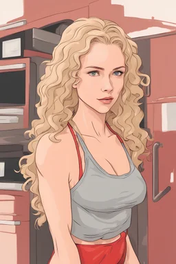 Woman in her early 20s with curly blonde hair, gray eyes, and a intelligent expression. She has an athletic figure. Make her wear a red bikini. Artistic style.