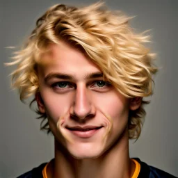 85mm DSLR color photography of a very detailed headshot fitting all of head and hair in frame. 22-year-old Germen soccer player, with blonde hair color and no facial hair and with a small smile, grey background