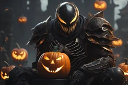 Venom knight with pumpkin helmet on his head in 8k nier automata artstyle, halloween them, pumpkin face, close picture, fantasy world, intricate details, highly detailed, high details, detailed portrait, masterpiece,ultra detailed, ultra quality