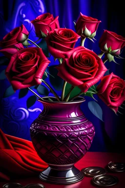 red roses in a purple vase