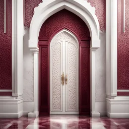 Hyper Realistic Islamic White Door Architecture Pattern with maroon marble texture & vignette effect