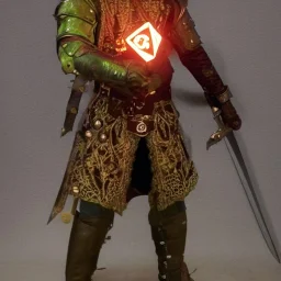 Detailed photo of a duster wearing hero, sword wielding,intricate Glowing d20