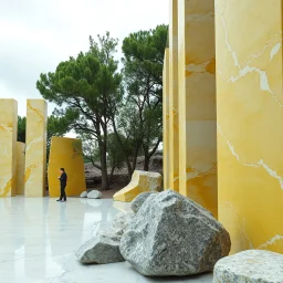 Un'immagine di un paesaggio naturale con marmi gialli, imponenti, accanto a strutture artificiali verticali e alberi. Queste strutture sembrano blocchi rettangolari, come colonne di grafite, che creano un contrasto tra il naturale e l'artificiale. Persona osserva. bianco con venature e solchi. Pavimento di marmo. La scena trasmette un senso di dialogo tra elementi organici. Dettagli degli specchi e delle rocce molto accentuati