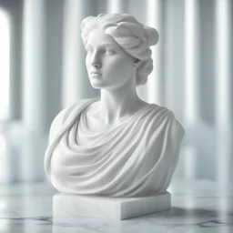 MASTERPIECE OF A WOMAN BUST MADE OF MARBLE. SHE REFLECTS BEAUTY AND SERENITY ON A BLURRED BACKGROUND. INSPIRED BY THE WORKS OF ANCIENT ROME AND GREECE