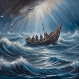 impressionistic matte oil painting, a small lifeboat in the middle of the Pacific ocean full of haggard survivors, stark dramatic picture, shark fins circling, dramatic, detailed, dynamic composition, moody