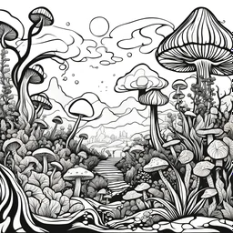 create a realistic strange fantasy landscape with bold lines and strange plants and mushrooms, black and white, high contrast, black outline, realistic in the style of line art, in the style of coloring book, clear white sky, white background, line ART