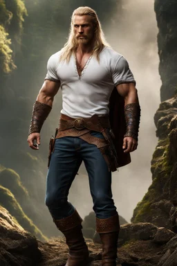 handsome viking warrior king, muscular, long blonde hair, male age 30, wearing jeans and a white shirt, tan skin, tattoos,photorealistic 4k modern fantasy