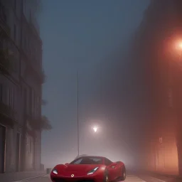 Ferrari 488 under a street light in heavy fog