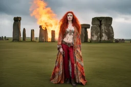 Full body shot of a tall slim red-headed young woman, dressed like a gipsy, standing in front of Stonehenge in a flaming circle