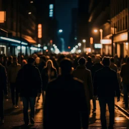 dark city at night, lots of people, blurred, focus on one person in the middle