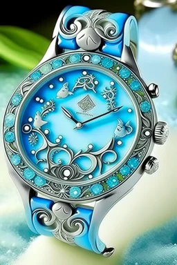 "Create a fantasy-themed frosted watch with intricate, magical symbols and gemstone accents. Place it in a mystical, enchanted forest, surrounded by mythical creatures."