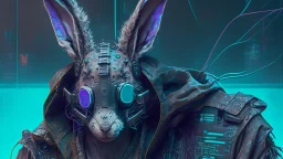 portrait of a cyber punk rabbit hacker humanoid