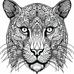 Leopard front face view, minimal lines, cartoon, mandala, white back ground color, real style, realistic, minimalistic, minimal black line art, line art, crisp line art, unique coloring sheet, outlined, outline, crisp, crisp line edges, illustration, thin lines, crisp clear lines, line art, clean line art, unique, 8k, amazing, masterpiece, no colors, no dark color, no black color, avoid thick black, minimalistic line edges, pure white back ground, image character full fit to page,