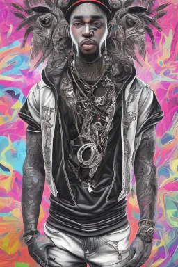 Cool black rapper with all the jewelery and tattoos, hoody and moves. Surrounded by an abstract backstreet graffiti vibe