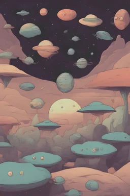 Modern cartoon aliens floating above planets