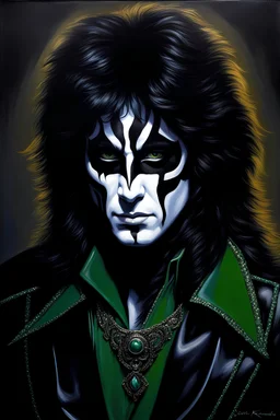 Head and shoulders image - oil painting by Scott Kendall - pitch Black solo record album with emerald overhead lighting - 30-year-old Peter Criss (Drummer) with shoulder length, wavy, straight black and gray hair, with his face made up to look like a cat's face - in the art style of Boris Vallejo, Frank Frazetta, Julie bell, Caravaggio, Rembrandt, Michelangelo, Picasso, Gilbert Stuart, Gerald Brom, Thomas Kinkade, Neal Adams, Jim Lee, Sanjulian, Thomas Kinkade, Jim Lee, Alex Ross,