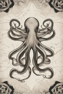 Create a captivating modern 2d ink tattoo design for print , prestigious (Sacred Octopus) using the elegant influences of japan art style, for print, dynamic elements from fashion and design, and bold Japanese contemporary art aesthetics, framing centered in the center, distanced from the edges of the paper perimeter, perfect anatomy, bauhaus, Divine Proportion,