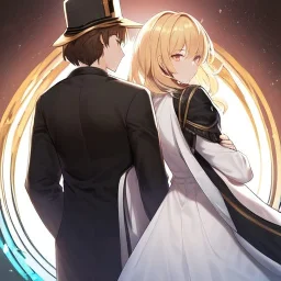 anime couple is standing back to back, female is wearing a flowing white dress, female is short, female has long blonde hair, male is tall, male is wearing black coat, hat and has dark brown hair, couple is standing with thier backs towards each other