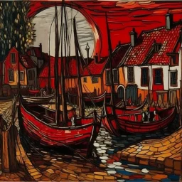 A dark red village with a port designed in African pottery painted by Vincent van Gogh