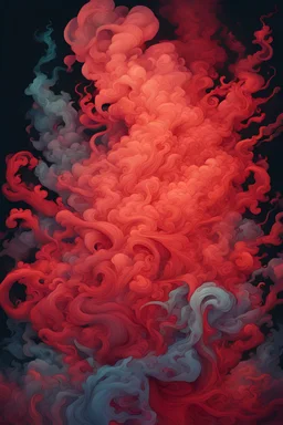 smoke in James Jean illustration style, vibrant colors, red colors, intricate details, ethereal lighting, digital painting, 4k resolution, black background
