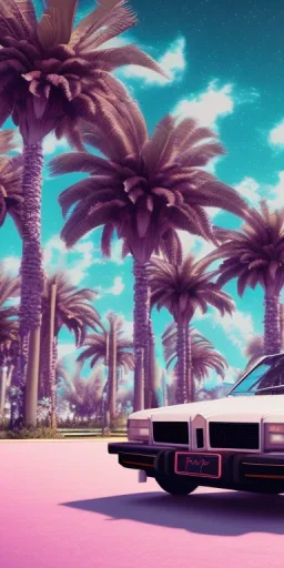 1980's aesthetic vaporwave palm trees with spheres and car