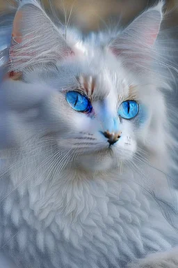 Attractive white cat with blue eyes and white feathers around it