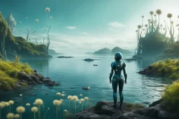 young woman in an android suit standing on the shore of an alien sea. Floating forests with dandelion tops in the distance