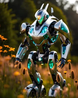 An advanced organic robot body decorated with glass. Agile, strong. The entire body stands on a land of grasses and gems