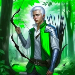 Please create an image for a young elven male with light brown skin, silver hair, and green eyes. He is standing outside in the forest during springtime, wearing leather armor and wielding a large crossbow. He is accompanied by a small mechanical bird and a walking suit of armor