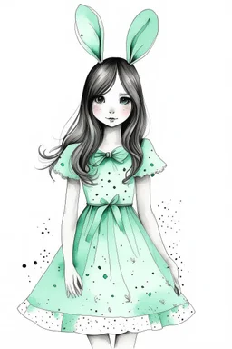 Watercolor black and white with mint dress bunny ears girl