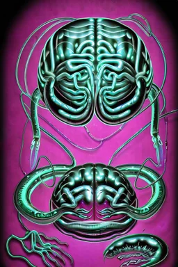 Vintage illustration of a slimey silver chrome brain melting, mercury liquid dripping, metal chrome colors, cartoonist animation style, hand drawn, neon lighting, gross art, pop punk, 90s anime inspired, airbrushing, post modern, horror cut, gradient chrome abberations, retro weird drawings, alien brain matter, blood spatter , scifi punk