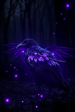 Ultra-realism, Beautifully mystical black raven, Iridescent feathers, glow, glow, fireflies, sitting in a clearing in a dark forest, black and purple, Dark fantasy,monochromatic palette, over-detailed, cinematic, Ultra HD v.1.3.