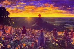 Beautiful epic sunset, logan's run 1976 movie influence, cosmic, people, rocks, holiday influence, river, flowers, very epic and philosophic, walter leistikow, alfred munnings, and hans am ende impressionism paintings