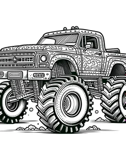 Monster truck isolated on background cartoon vector illustration full body ,Coloring Book for Adults, Grayscale Coloring Book