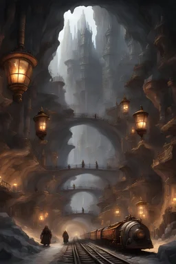 underground steampunk dwarven bustling city with train tracks, large open cave with stalagmites
