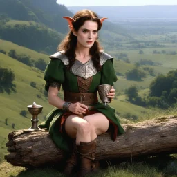 youthful Winona Ryder as an elf in dusty armour drinking Miruvor in a carved goblet, she sits on a log on a hill, in front of a wonderful landcsape, she is bold and has no inhibition