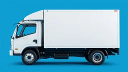 side profile of a white generic light commercial truck with cube box, blue background, pixxar
