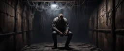 Hyper Realistic hostage man hanging on roof between dark hallway of a dungeon with cobwebs & dark rustic walls at night