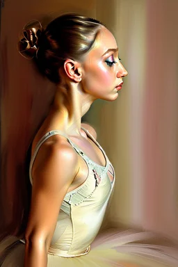 close up realistic portrait of a beautiful ballerina, stretching next to a mirror, in impasto style, thick strokes of oil paint, realistic thick textures