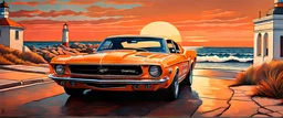 realistic 1970s BOSS 302 orange mustang in coastal street, intricated details, sunset, hill background, lighthouse, painting style, dramatic lighting