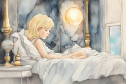 a cute little girl with blonde hair sleeping in an elegant bedroom, tiffany painted lamp lit in the background, S<AI in moonshine. Pastel melting watercolour and black ink outlines on wet paper, shading colors, light strokes. cracked holographic marble background, the cracks are golden