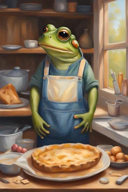 create an oil painting of a frog with overalls baking pie in a warm tiny house