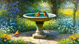 Realistic painting of a birdbath in a lush garden, intricate details of the birds and flowers, soft lighting, oil painting style by Thomas Moran and Claude Monet, (long shot), peaceful atmosphere.